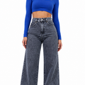 Calça Jeans Feminina Wide Leg Marmorizada Cintura Alta