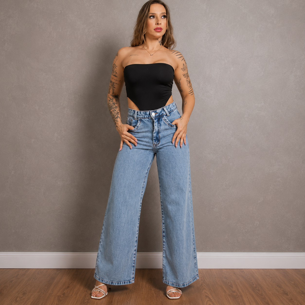 Calça Jeans Feminina Wide Leg Cintura Alta