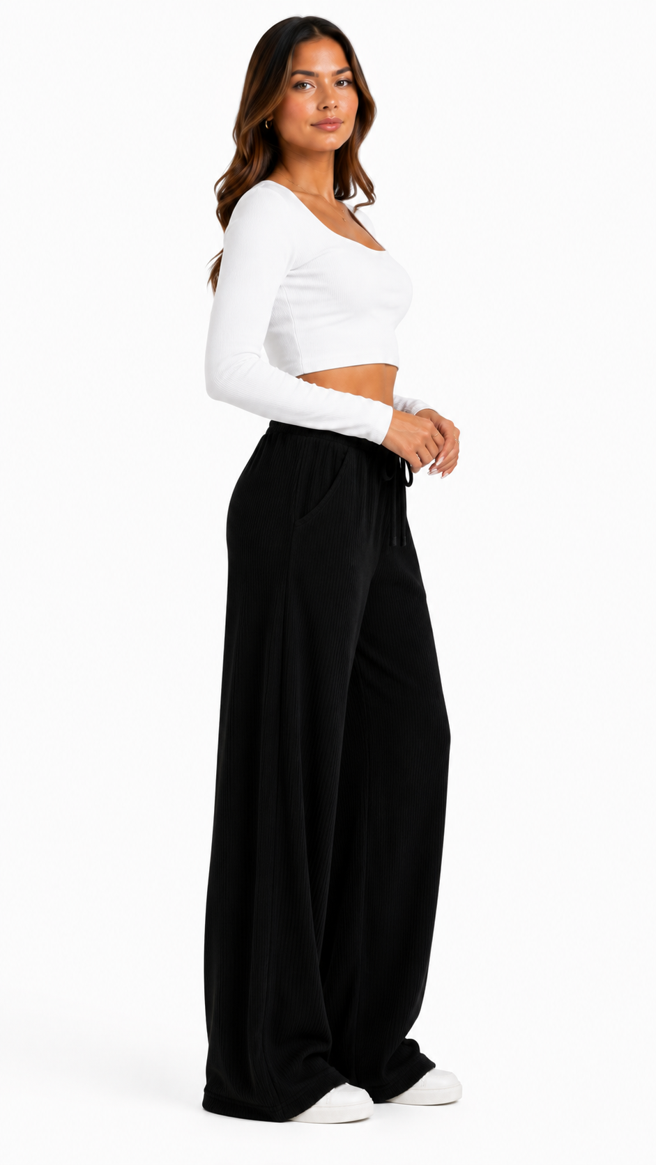 Calça Wide Leg Canelada Confy Cintura Alta — Segunda Pele