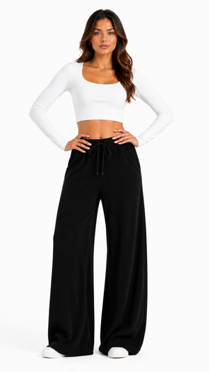 Calça Wide Leg Canelada Confy Cintura Alta — Segunda Pele