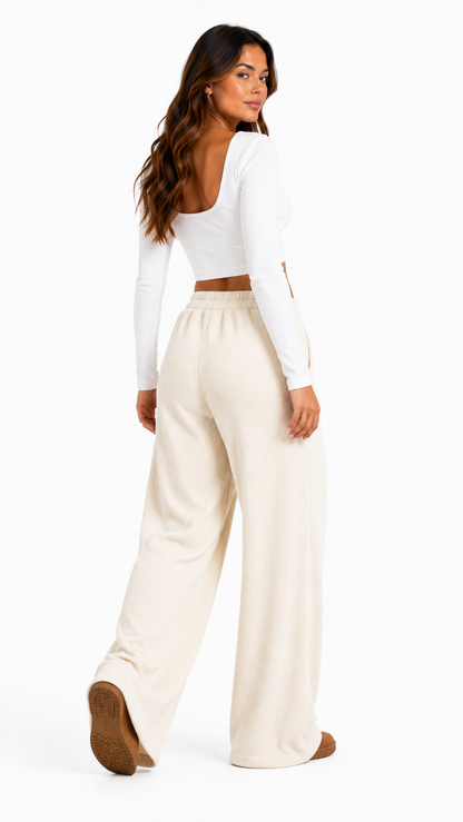 Calça Wide Leg Canelada Confy Cintura Alta — Segunda Pele