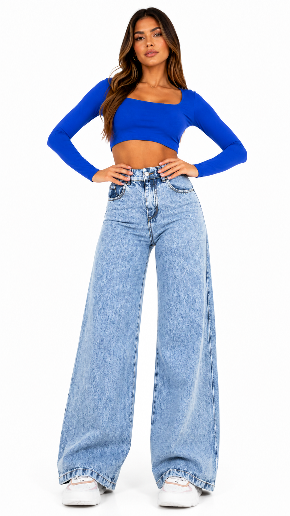 Calça Jeans Feminina Wide Leg Marmorizada Cintura Alta