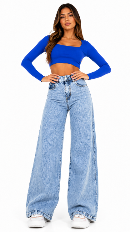 Calça Jeans Feminina Wide Leg Marmorizada Cintura Alta