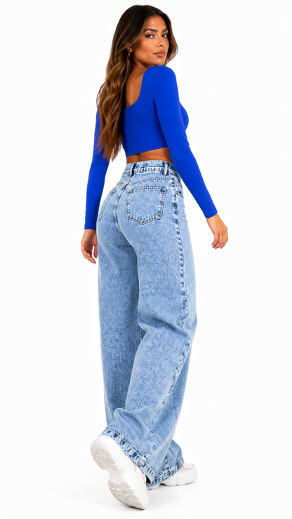 Calça Jeans Feminina Wide Leg Marmorizada Cintura Alta