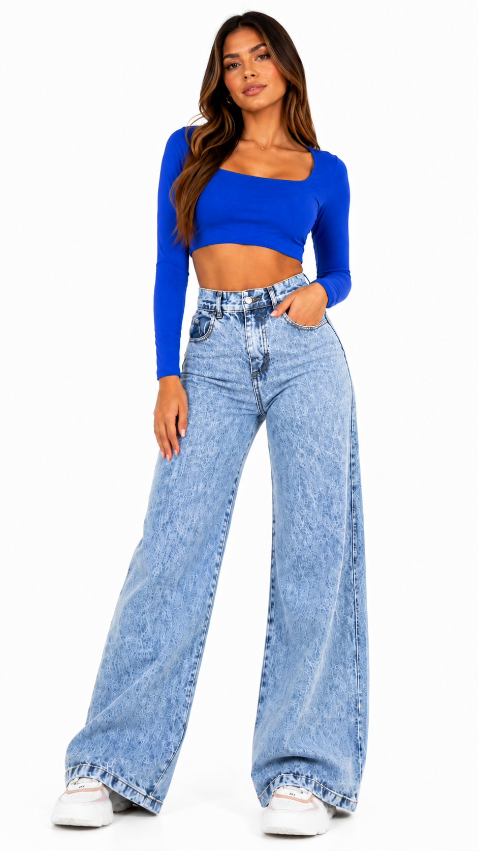 Calça Jeans Feminina Wide Leg Marmorizada Cintura Alta