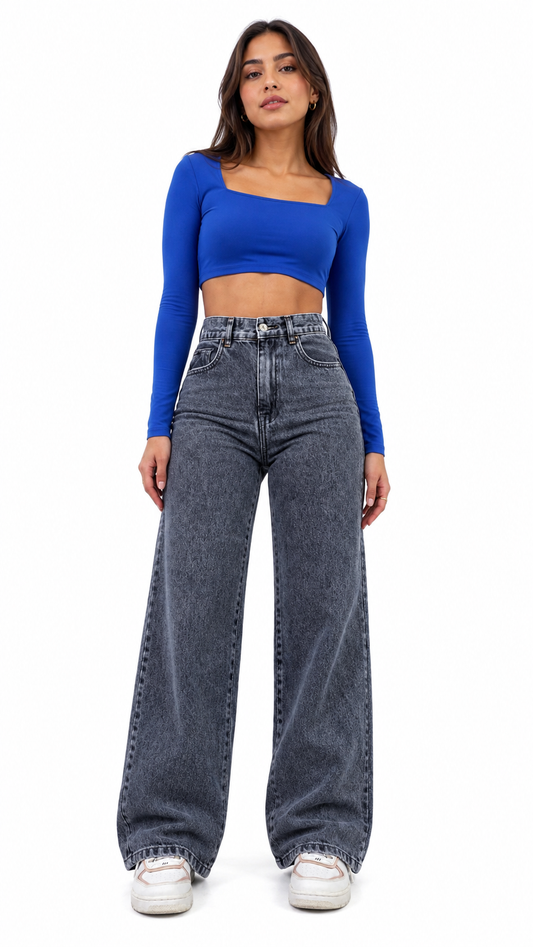 Calça Jeans Feminina Wide Leg Marmorizada Cintura Alta - Black Marmorizada