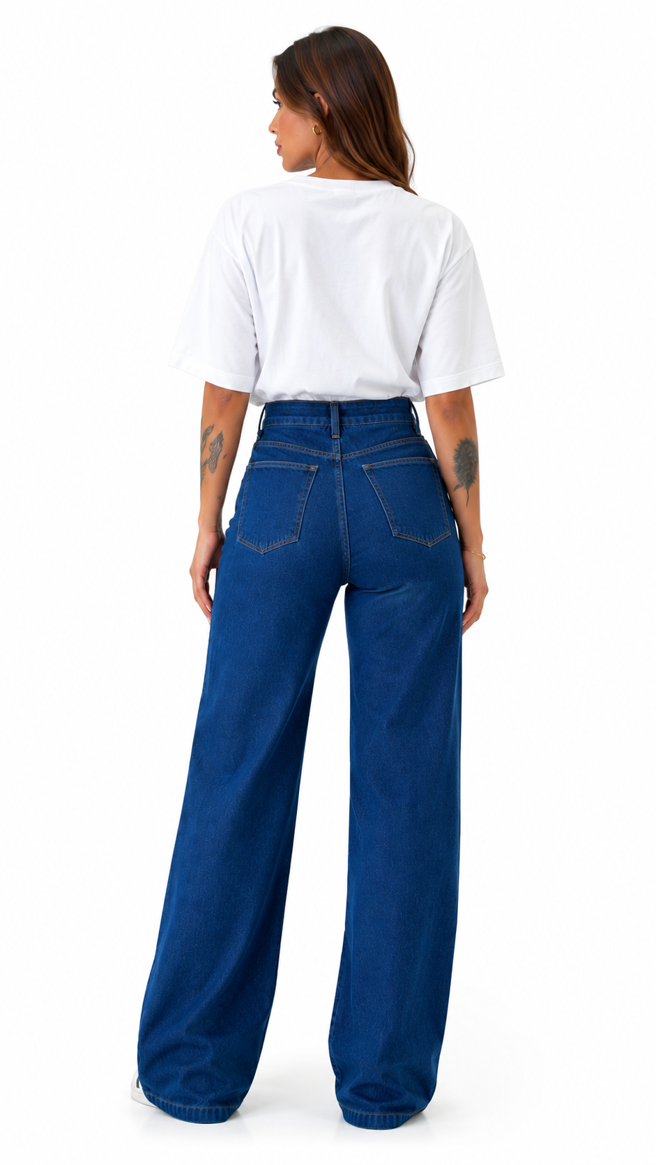 Calça Jeans Feminina Wide Leg Marmorizada Cintura Alta