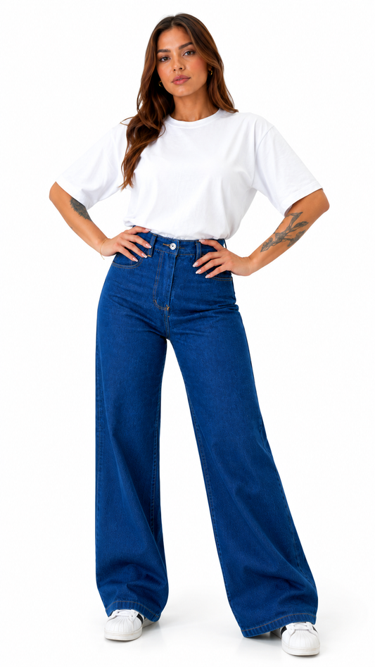 Calça Jeans Feminina Wide Leg Marmorizada Cintura Alta - Lisa Clara