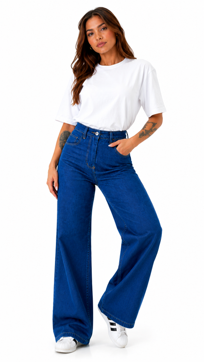 Calça Jeans Feminina Wide Leg Marmorizada Cintura Alta